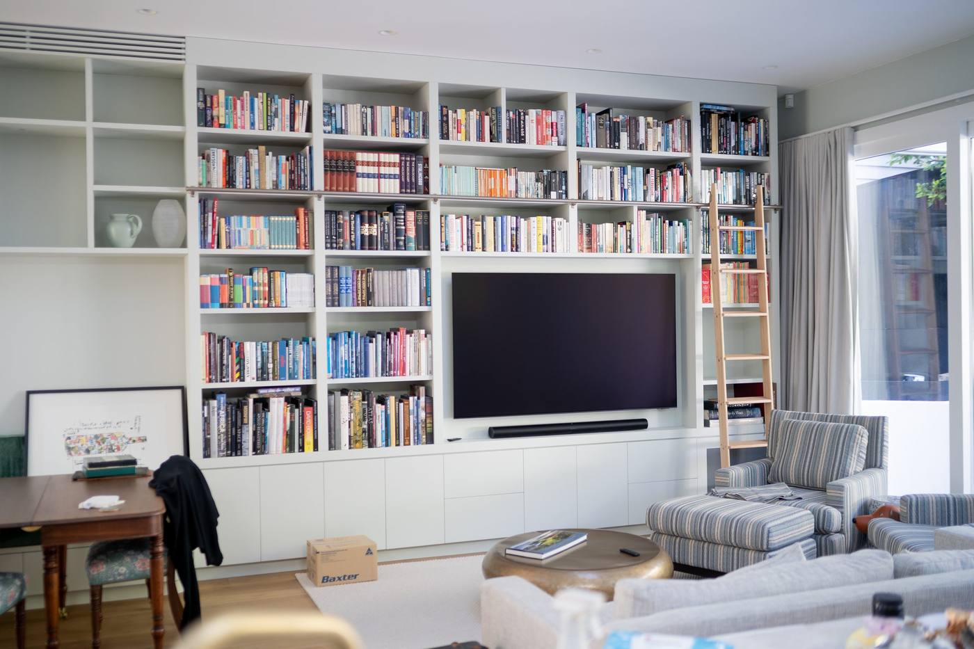 Living room with built-in bookcase